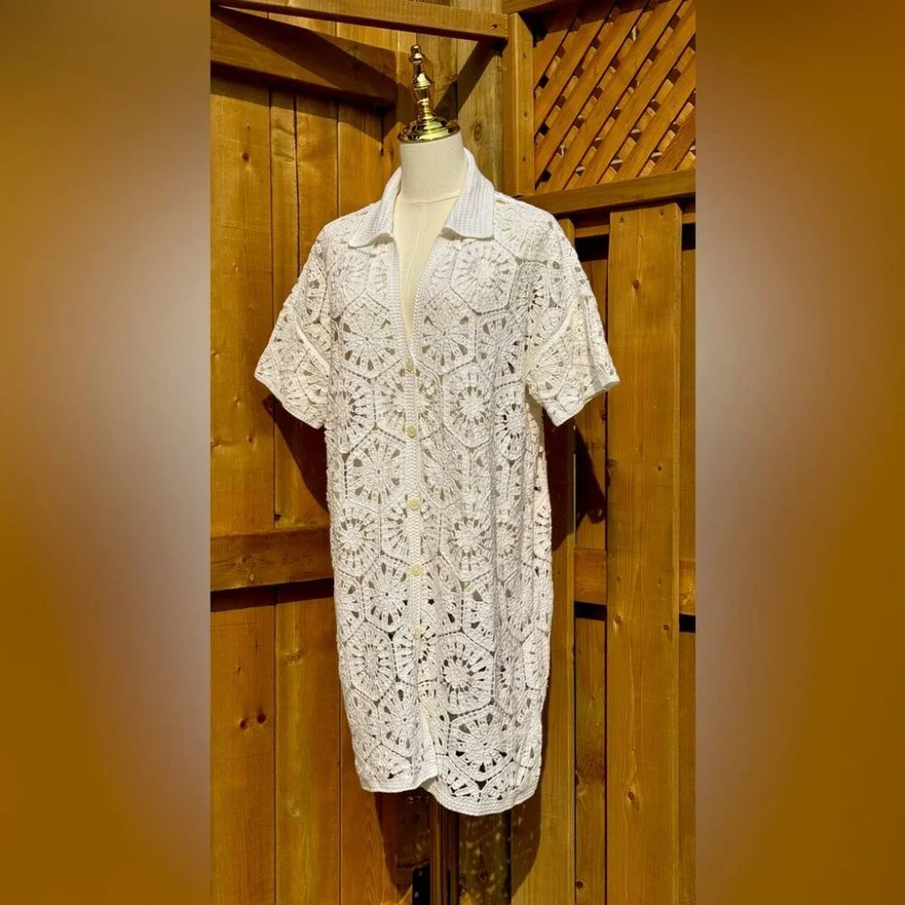 🆕 FARM Rio 🧿 NWOT White Semisheer Floral Button-Up Crochet Cover-Up Dress, L - Picture 3 of 15